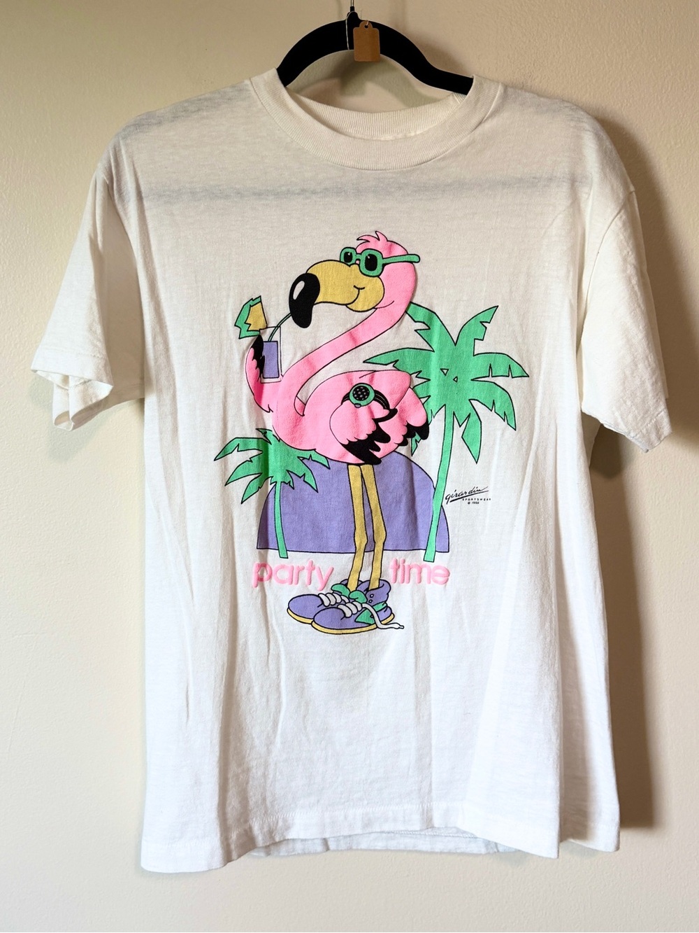80s single stitch Girar Dim sportswear party time puff paint flamingo cotton t S